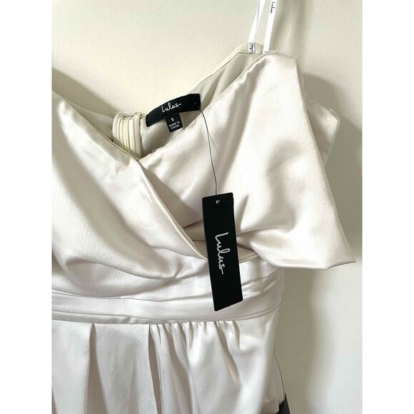 Lulus Satin Off-the-Shoulder Mini Dress Ivory Size Small NEW - Picture 7 of 13